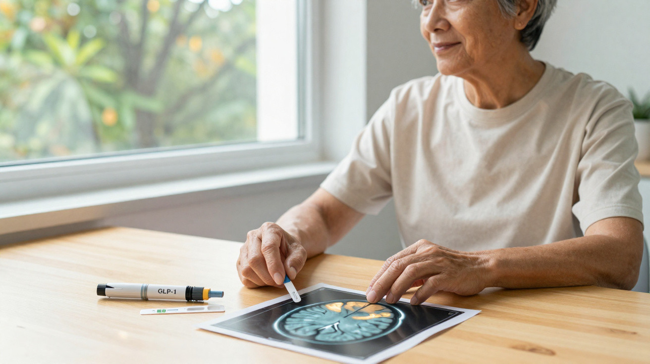 Elderly woman examining a brain scan image at a table with a medical injector pen nearby by a window.