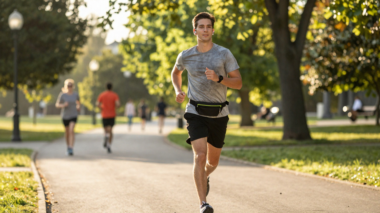 Young man jogging on park path in summer with other runners and green trees in the background.