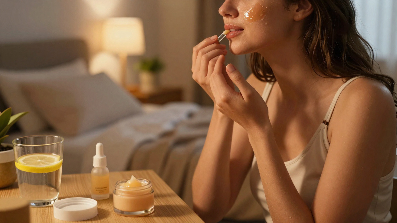 Woman applying lip balm with skincare products and a glass of lemon water on a wooden bedside table.
