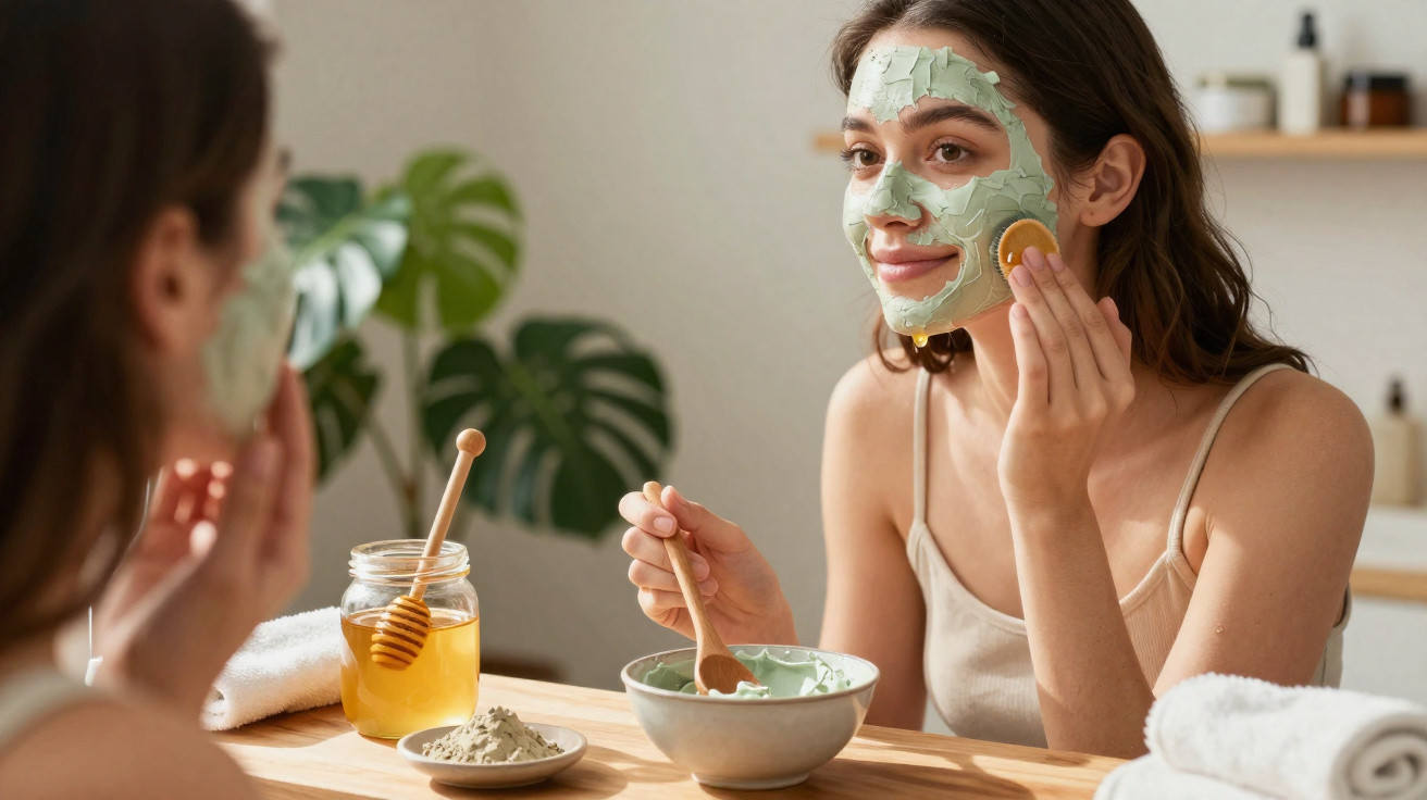 Woman applying green clay face mask in front of a bathroom mirror with natural skincare products nearby