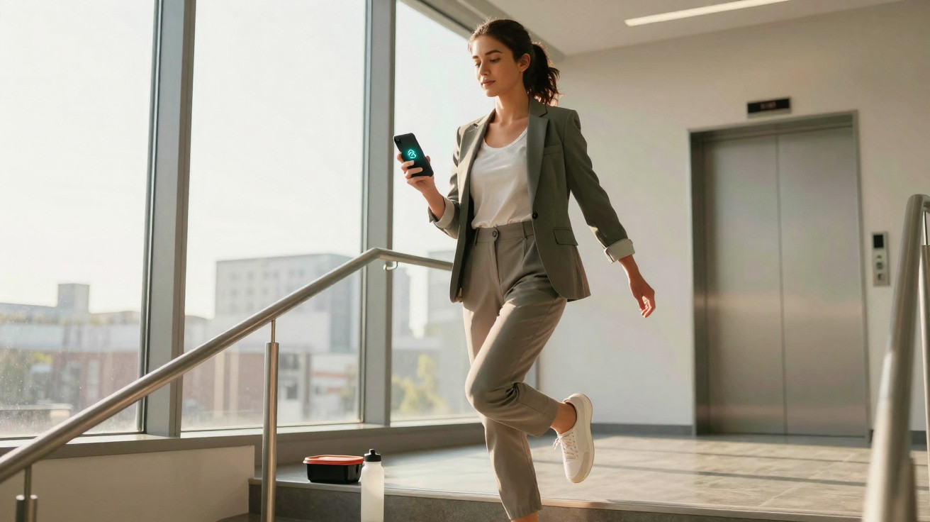 Businesswoman in suit using smartphone while walking down stairs near elevator in bright office building.