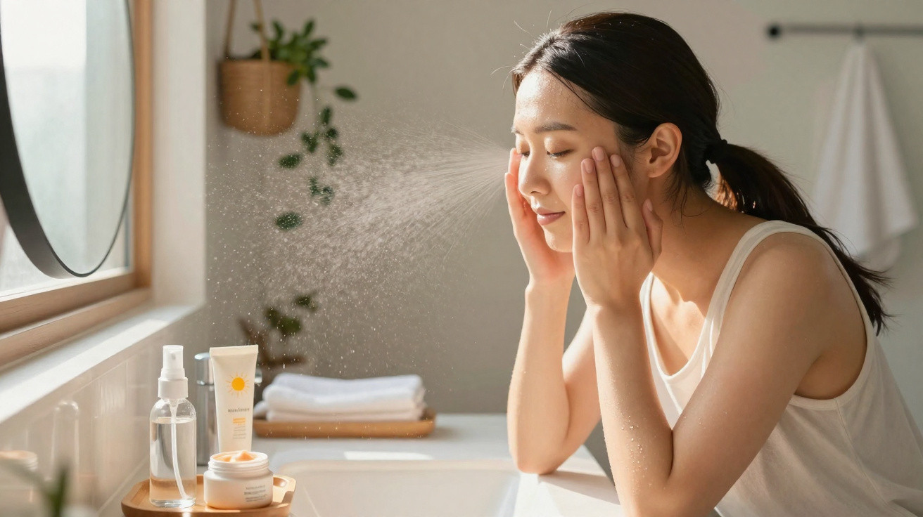 Young woman spraying facial mist on her face in a bright bathroom by the window.