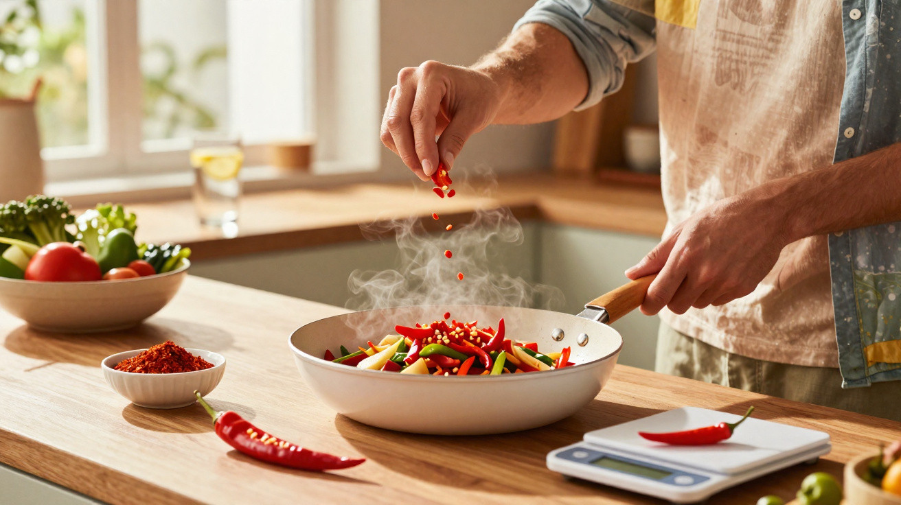 Person sprinkling red chili flakes over steaming mixed vegetable stir-fry in a modern kitchen.