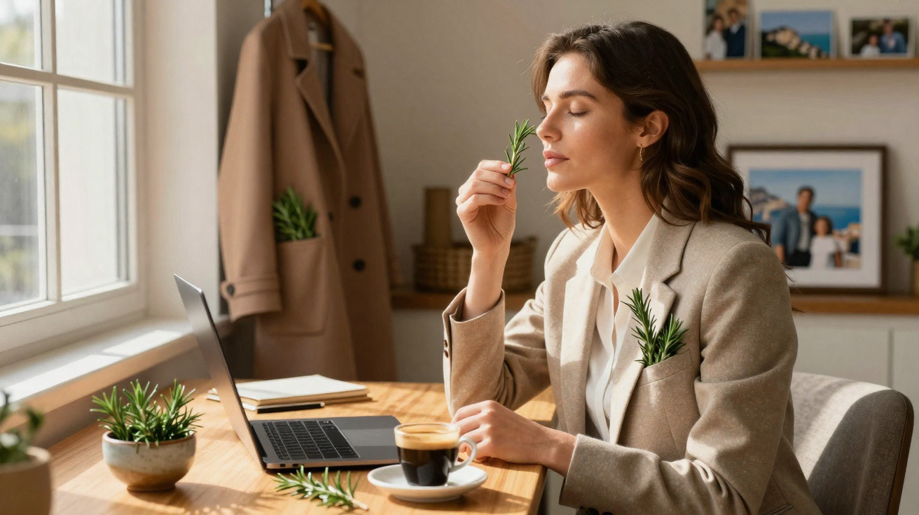 Woman in beige blazer smelling a sprig of rosemary while sitting at a desk with a laptop and coffee.