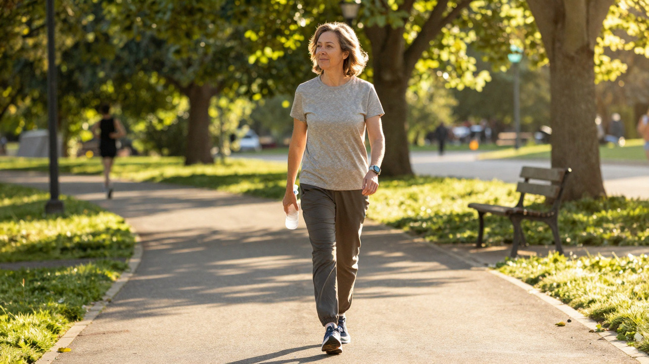 Middle-aged woman walking with water bottle on a sunny park path surrounded by trees and benches.