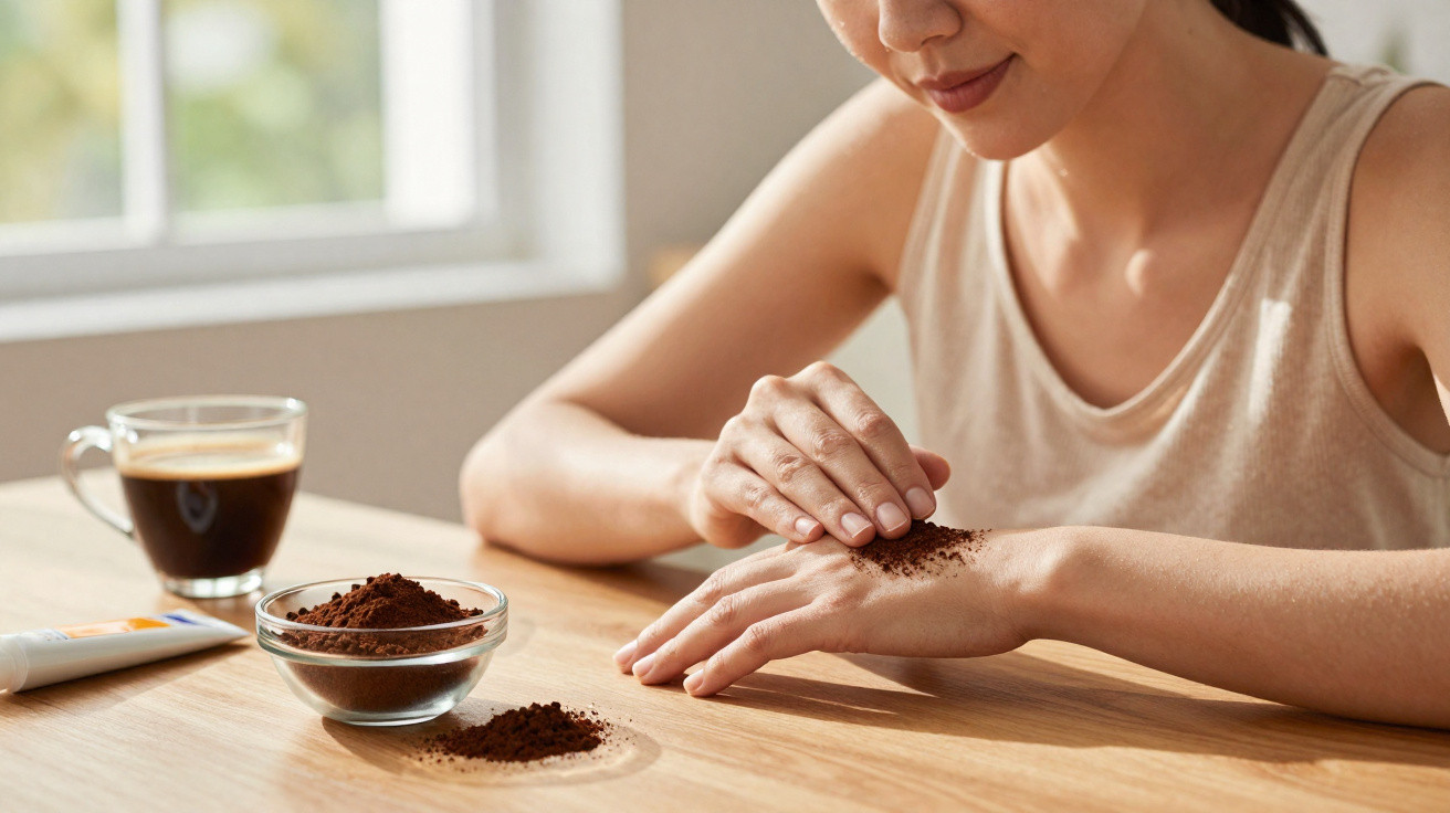 Woman applying coffee grounds scrub on hand at wooden table with coffee cup and skincare product nearby.