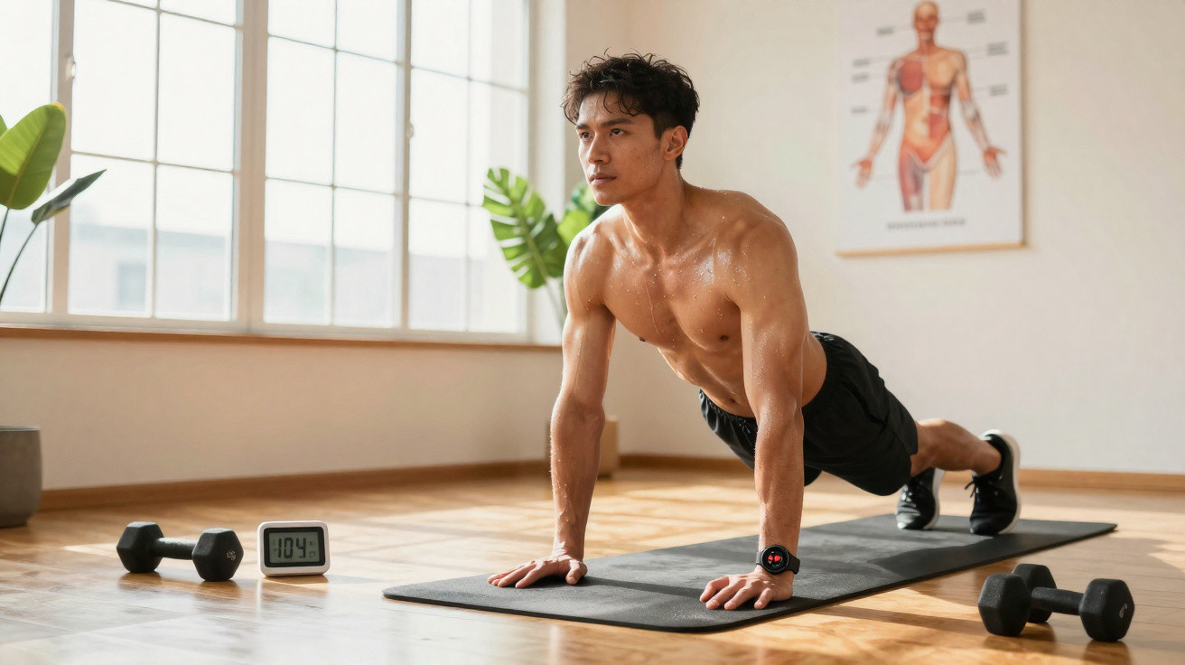 Fit man doing push-ups on a mat in a bright room with dumbbells and a timer nearby