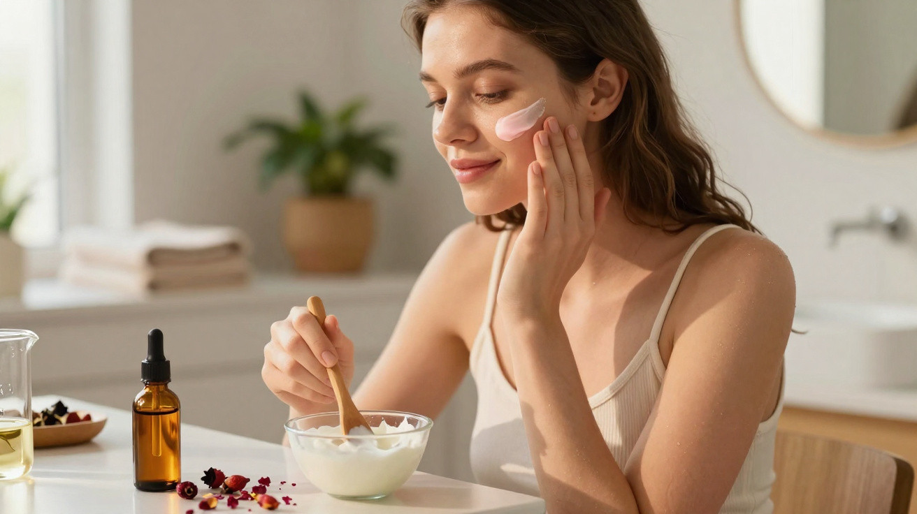 Young woman applying pink cream to her cheek while mixing skincare ingredients in a bright bathroom.