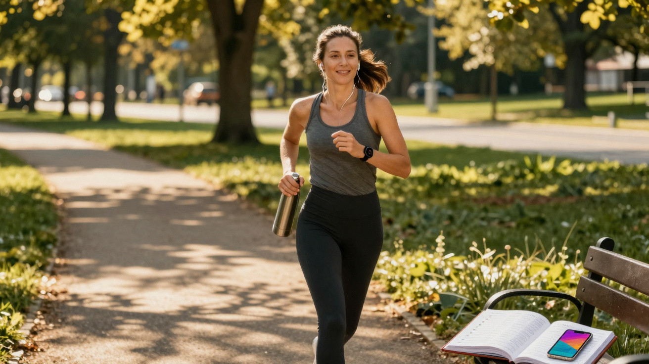 Young woman jogging in grey tank top and black leggings on a sunny park path holding a water bottle.