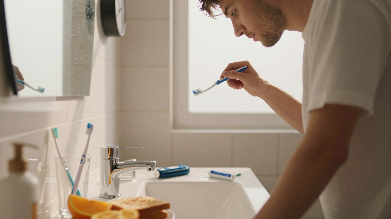 Man leaning over sink holding a toothbrush in a bright bathroom with breakfast on the counter.