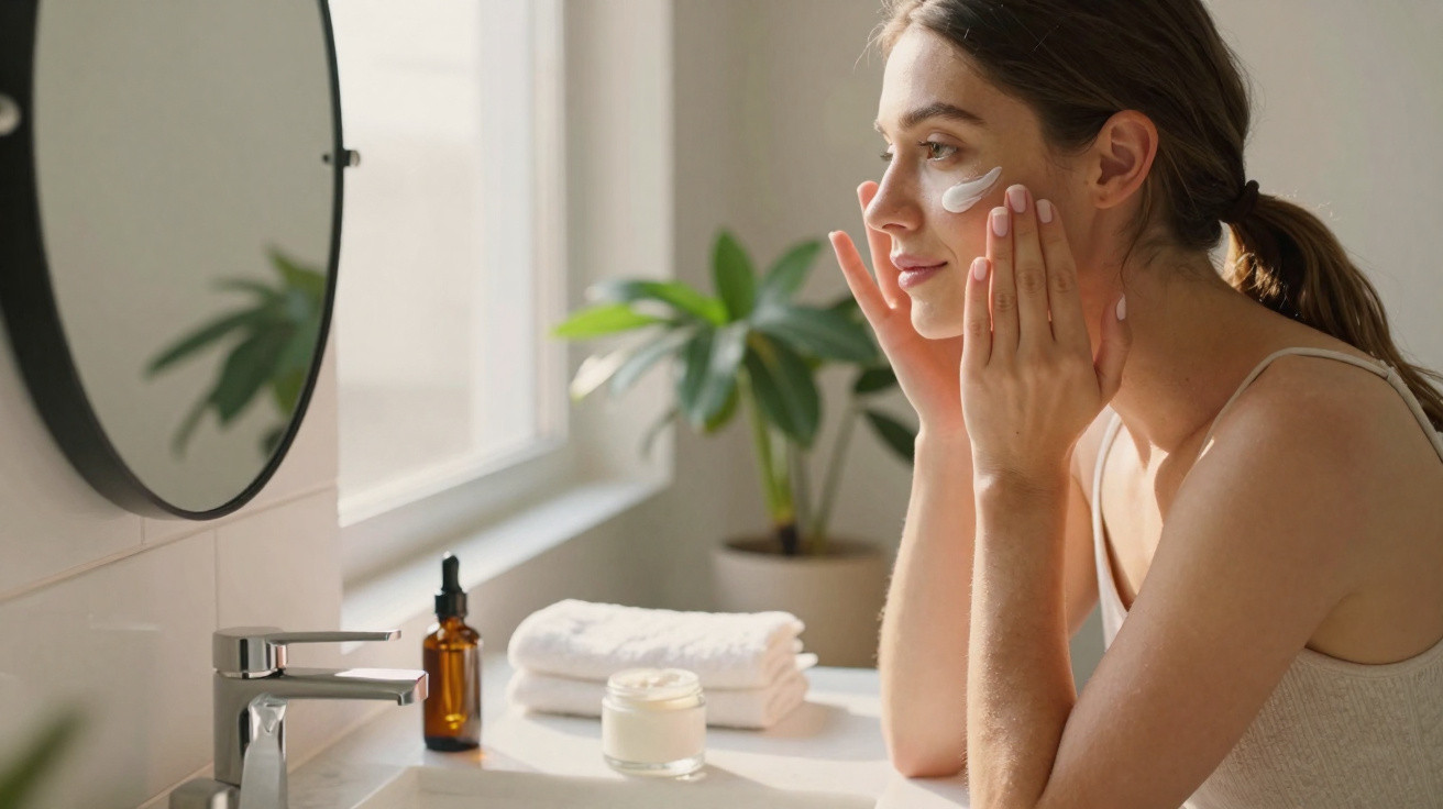 Woman applying cream to her face in a bright bathroom with a mirror and plants nearby