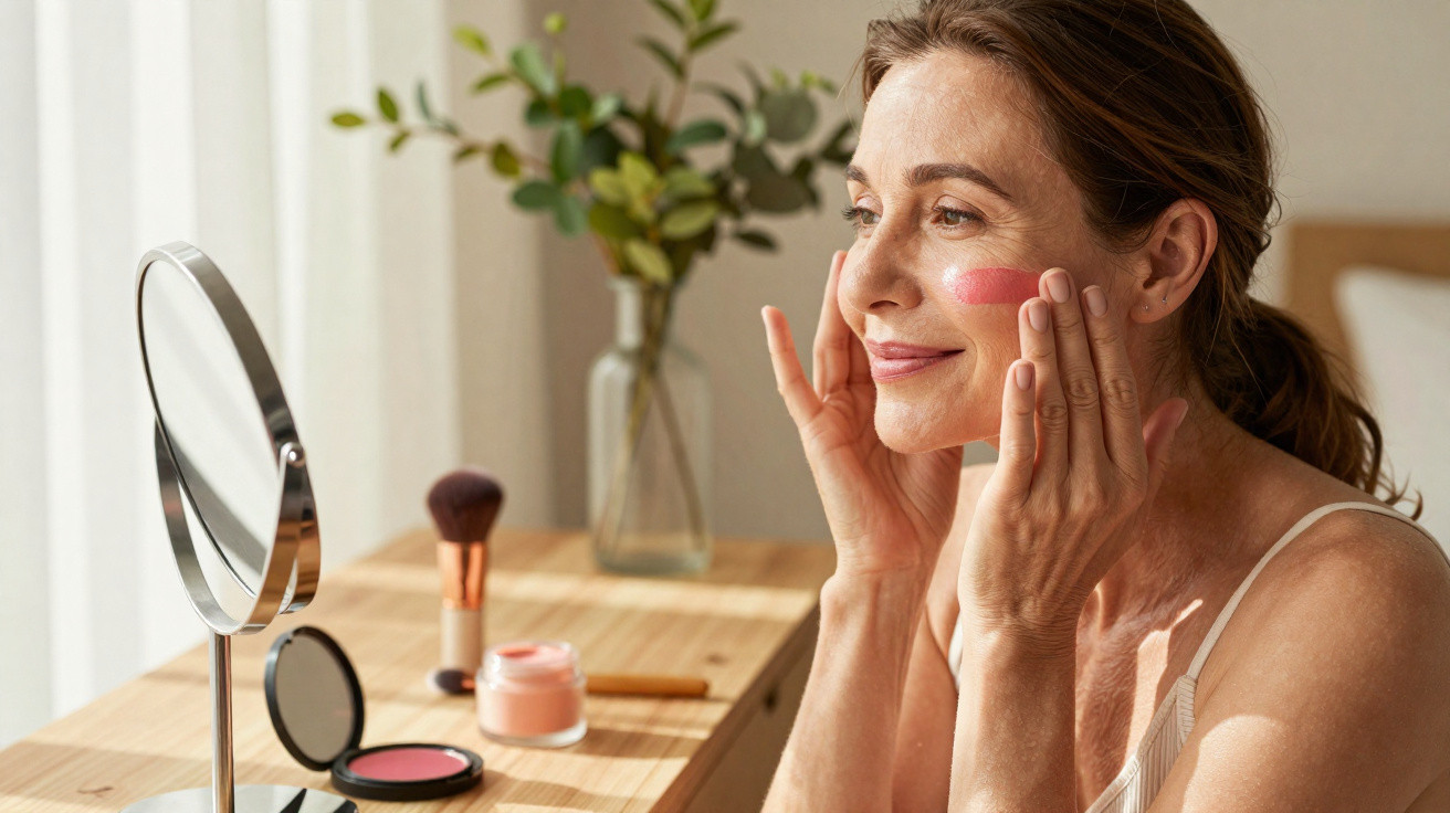 Middle-aged woman applying pink cream to her cheek sitting at a wooden vanity with a mirror and makeup items.