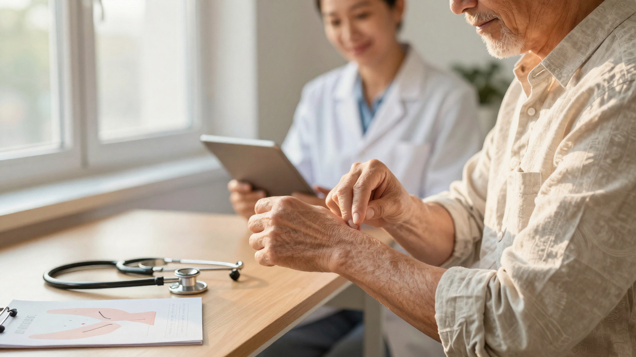 Older man with skin condition consulting female doctor holding tablet in medical office near window