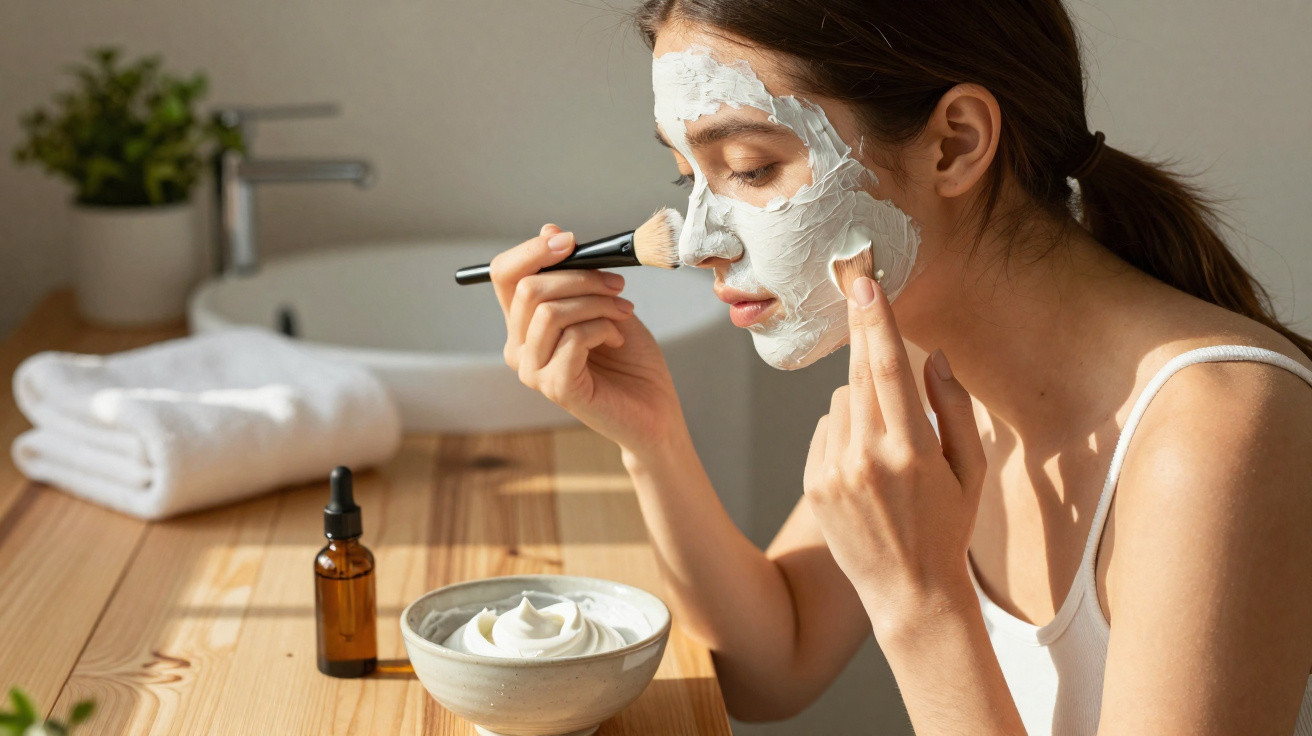 Woman applying a white facial mask using a brush while sitting at a wooden table in a bright bathroom