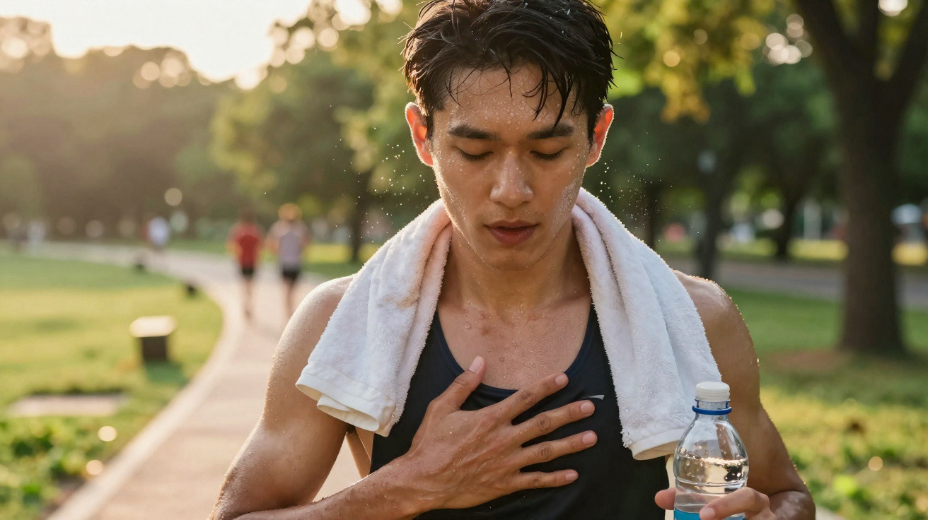 Sweaty young man with towel around neck holds water bottle and rests hand on chest after jogging outdoors.