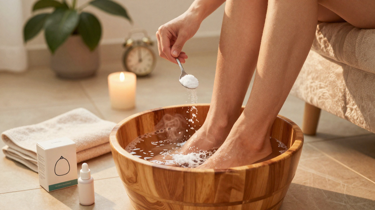 Person adding salt to warm water in wooden bowl for a foot soak, with candle and plant in background.
