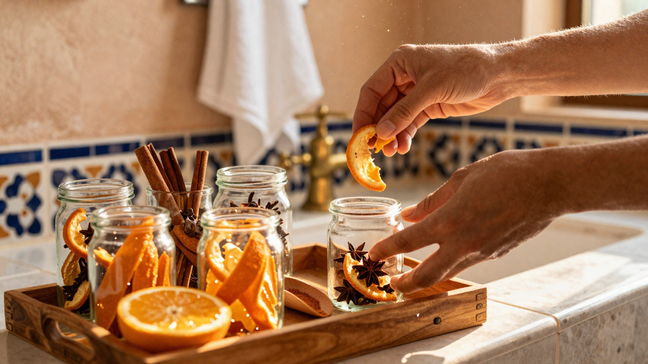 Hands arranging dried orange slices and star anise in glass jars with cinnamon sticks on a wooden tray.