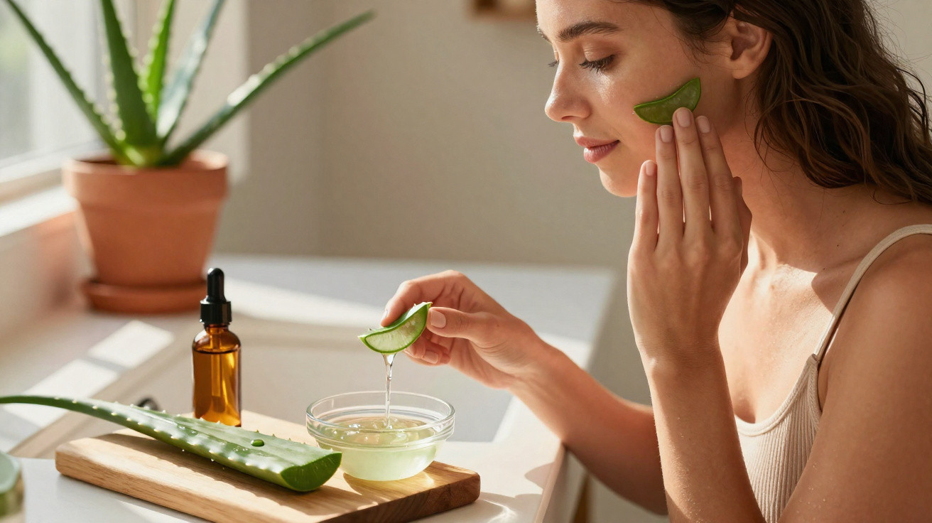 Woman applying aloe vera gel to her face with aloe plant and skincare bottle on a sunlit windowsill.