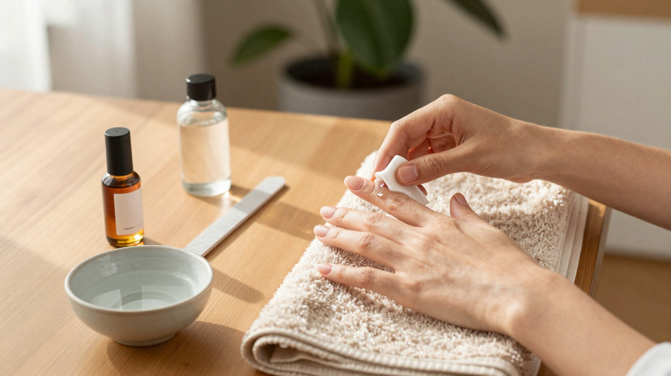 Hands applying clear nail polish on a towel with manicure tools and bottles on a wooden table.