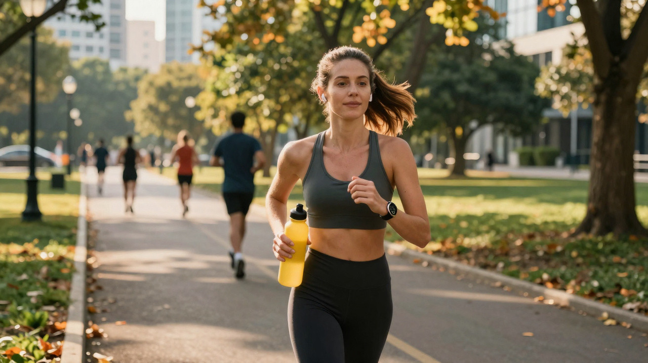 Young woman jogging in park holding yellow water bottle on a sunny day with other runners in background.