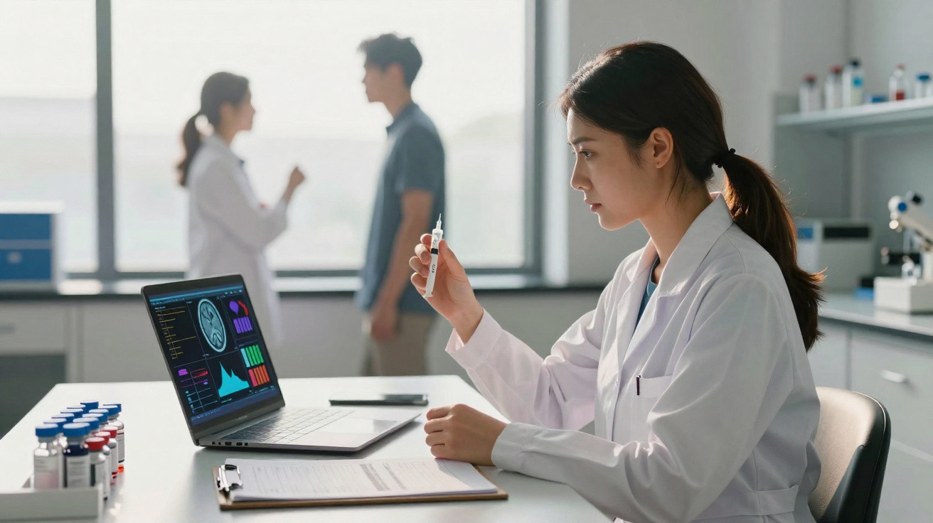 Female scientist examining a vial in a lab with medical data displayed on a laptop and colleagues in the background.