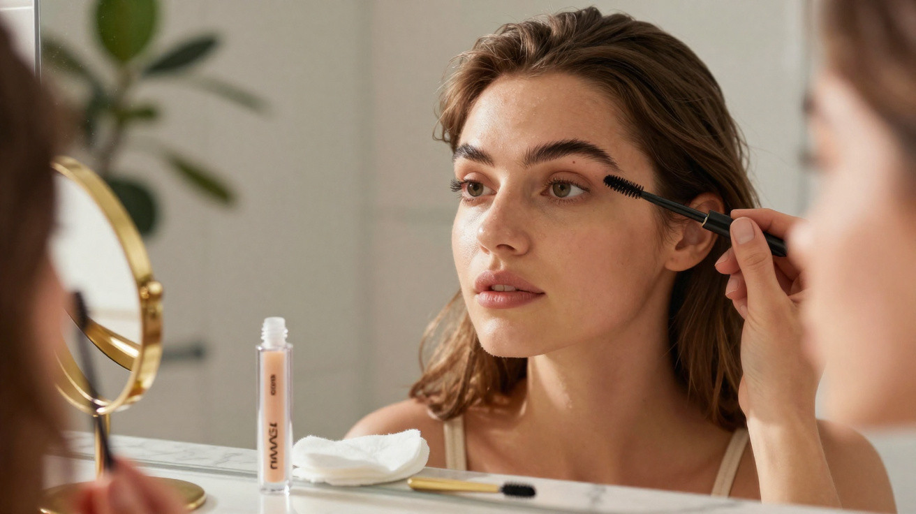 Young woman applying mascara to her eyelashes while looking in a bathroom mirror.
