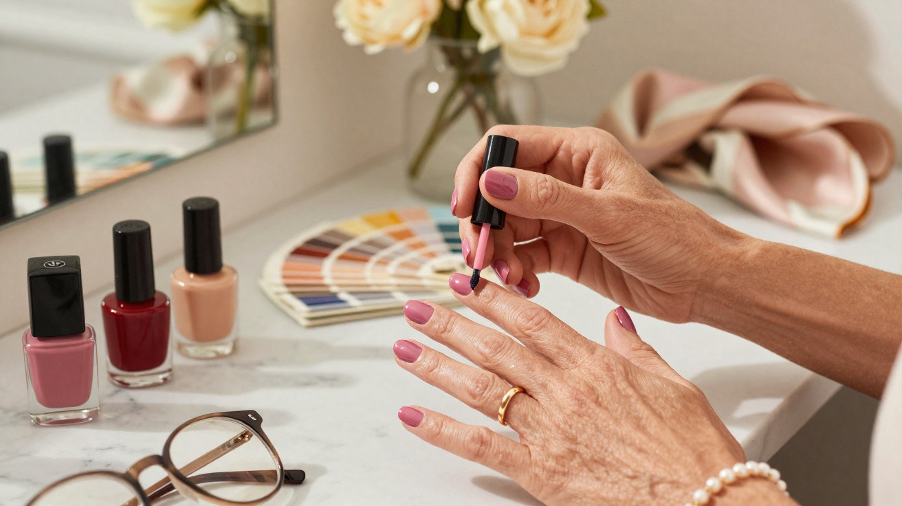 Person applying pink nail polish on fingernails at a vanity with glasses, flowers, and polish bottles nearby.