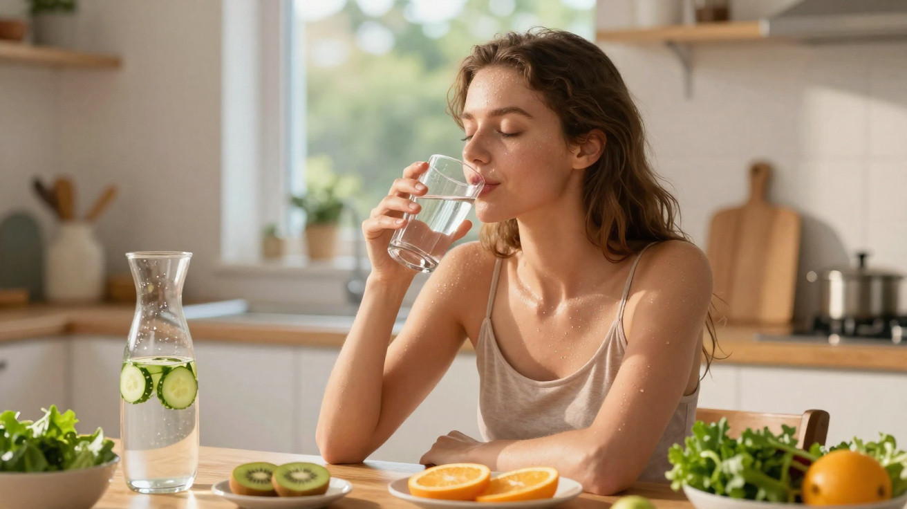 Young woman drinking a glass of water at a kitchen table with fresh fruit and salad bowls.