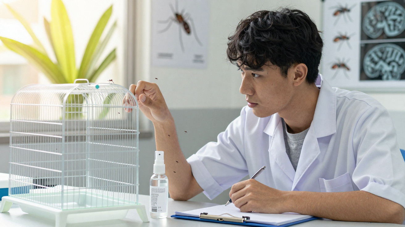 Scientist in a lab coat examining ants near a white insect cage with notes on a clipboard.