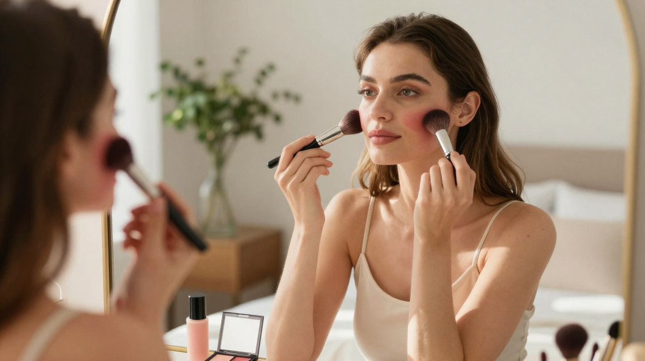 Young woman applying blush with makeup brushes in front of a mirror in a bright bedroom.
