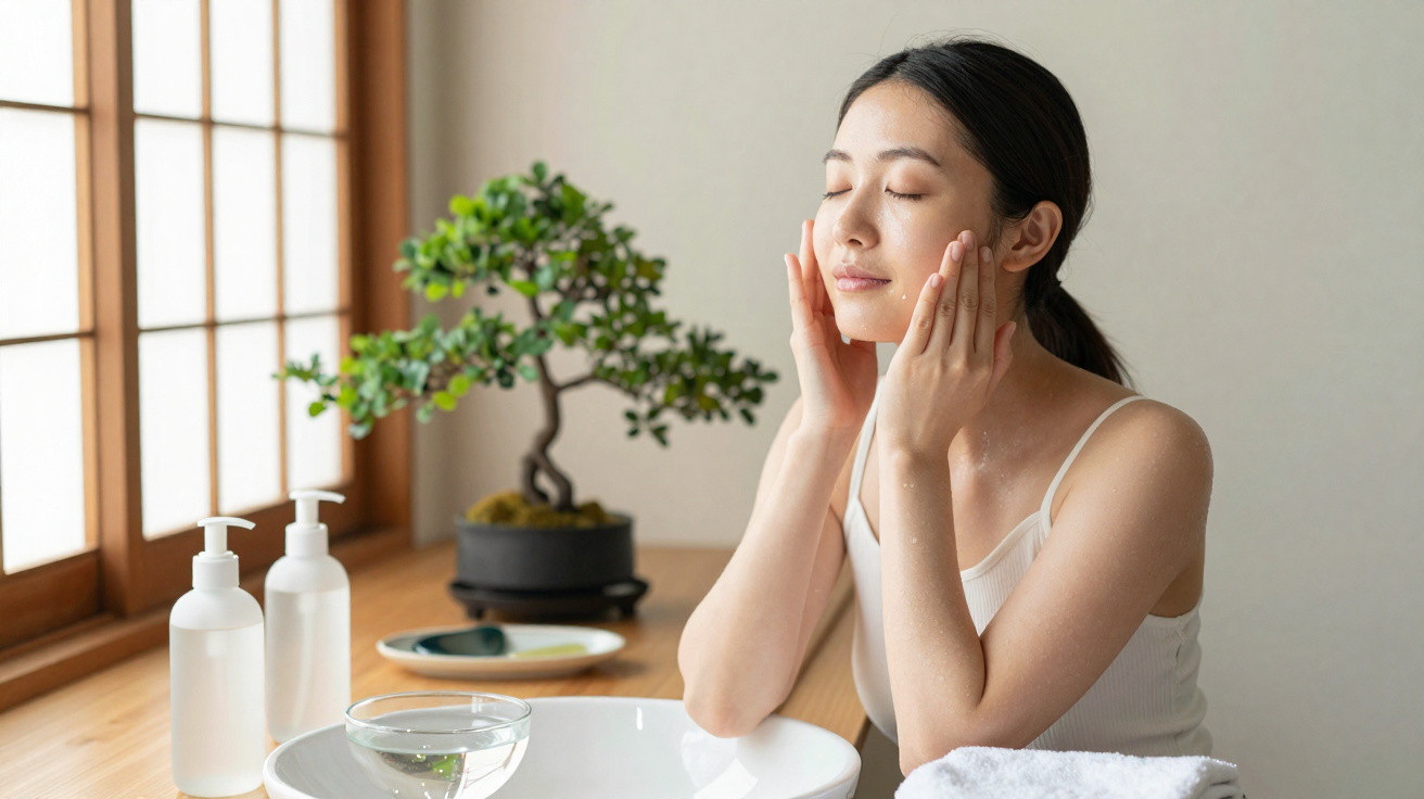 Woman applying facial cleanser in a bright bathroom with plants and skincare bottles nearby
