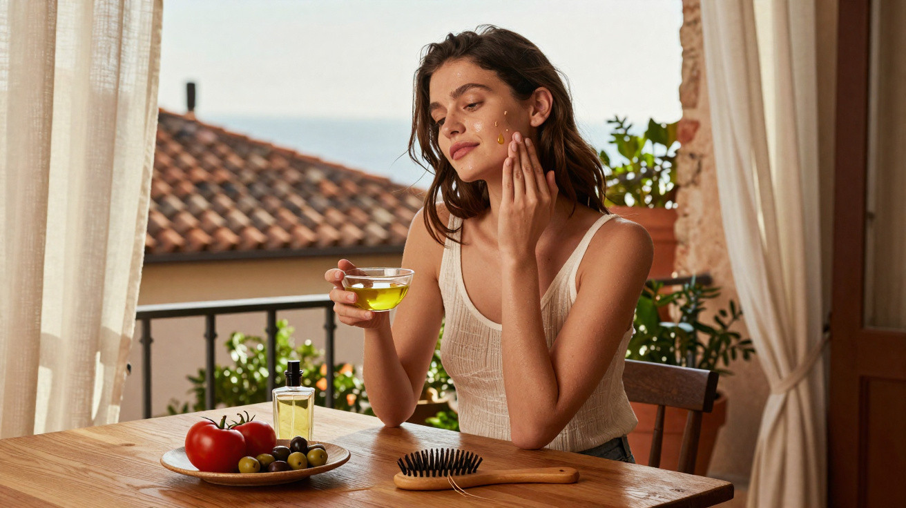 Woman applying oil on her face while holding a small glass bowl, sitting at a wooden table with fruit and a hairbrush.